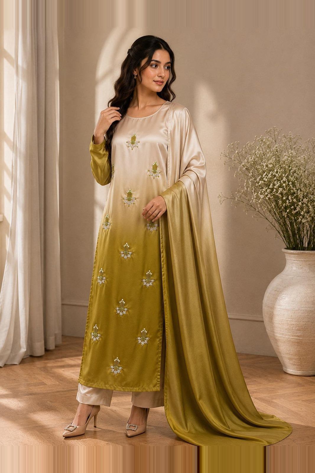 Areesha – Ivory Olive Shamoze Silk Suit
