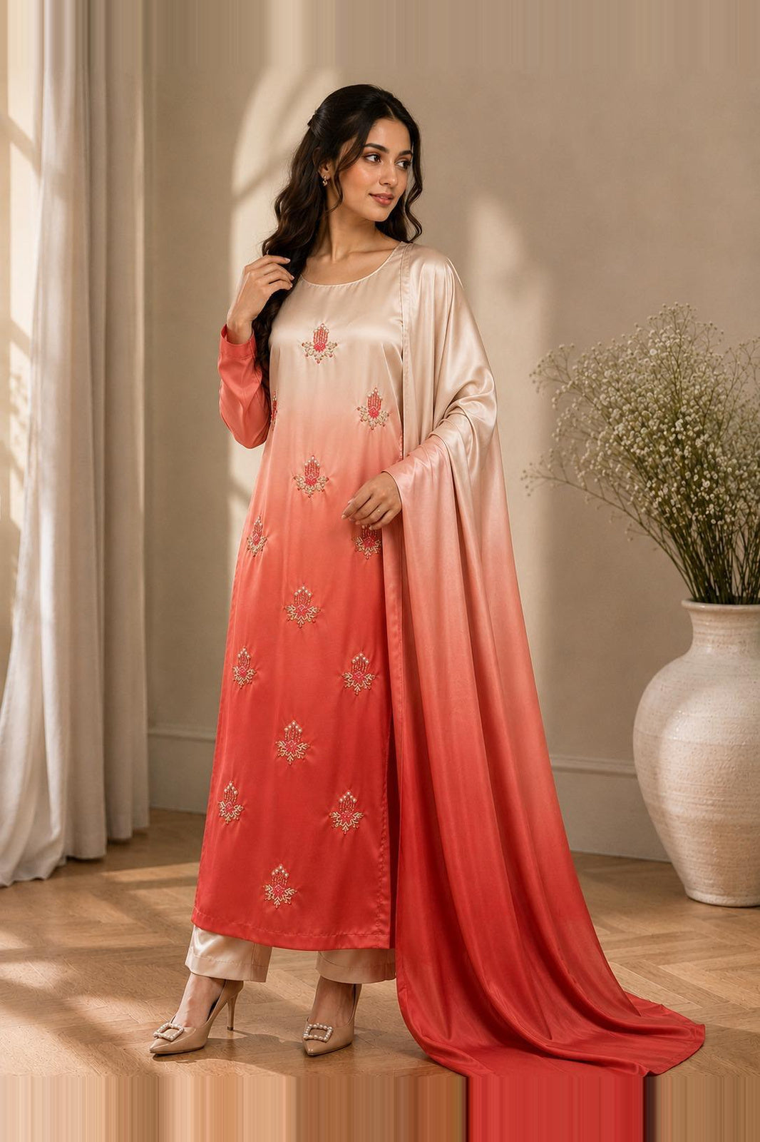 Nayla – Ivory Coral Shamoze Silk Suit