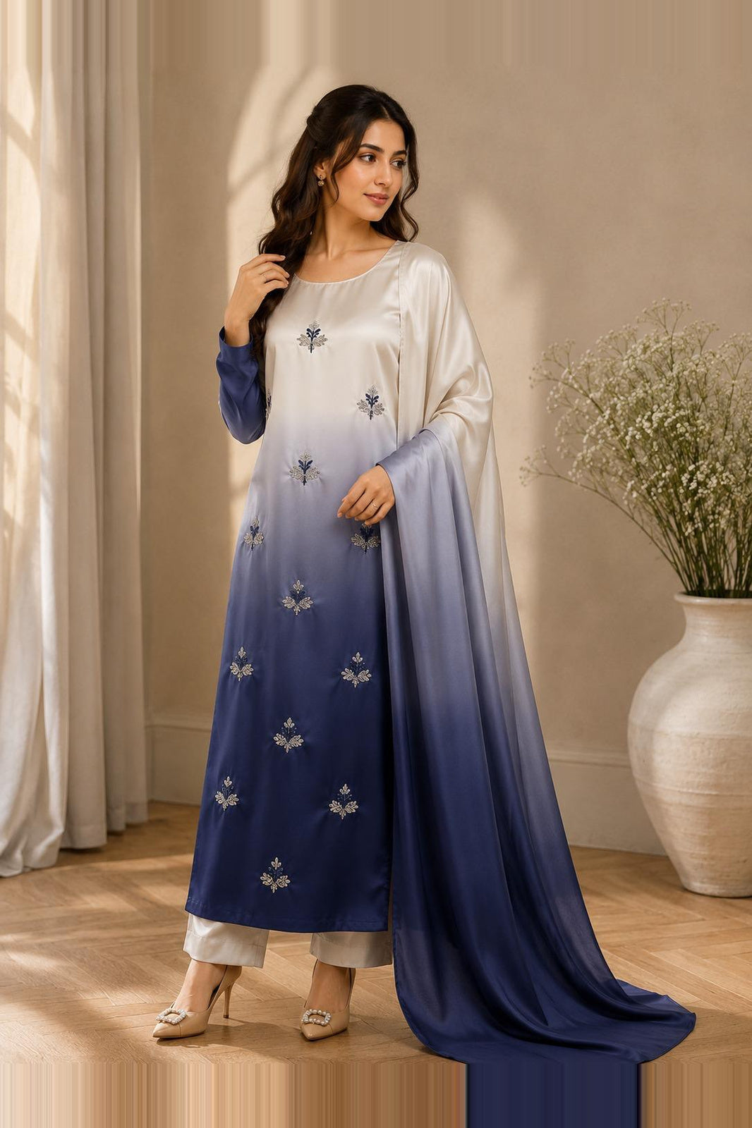 Aalya – Ivory Navy Shamoze Silk Suit
