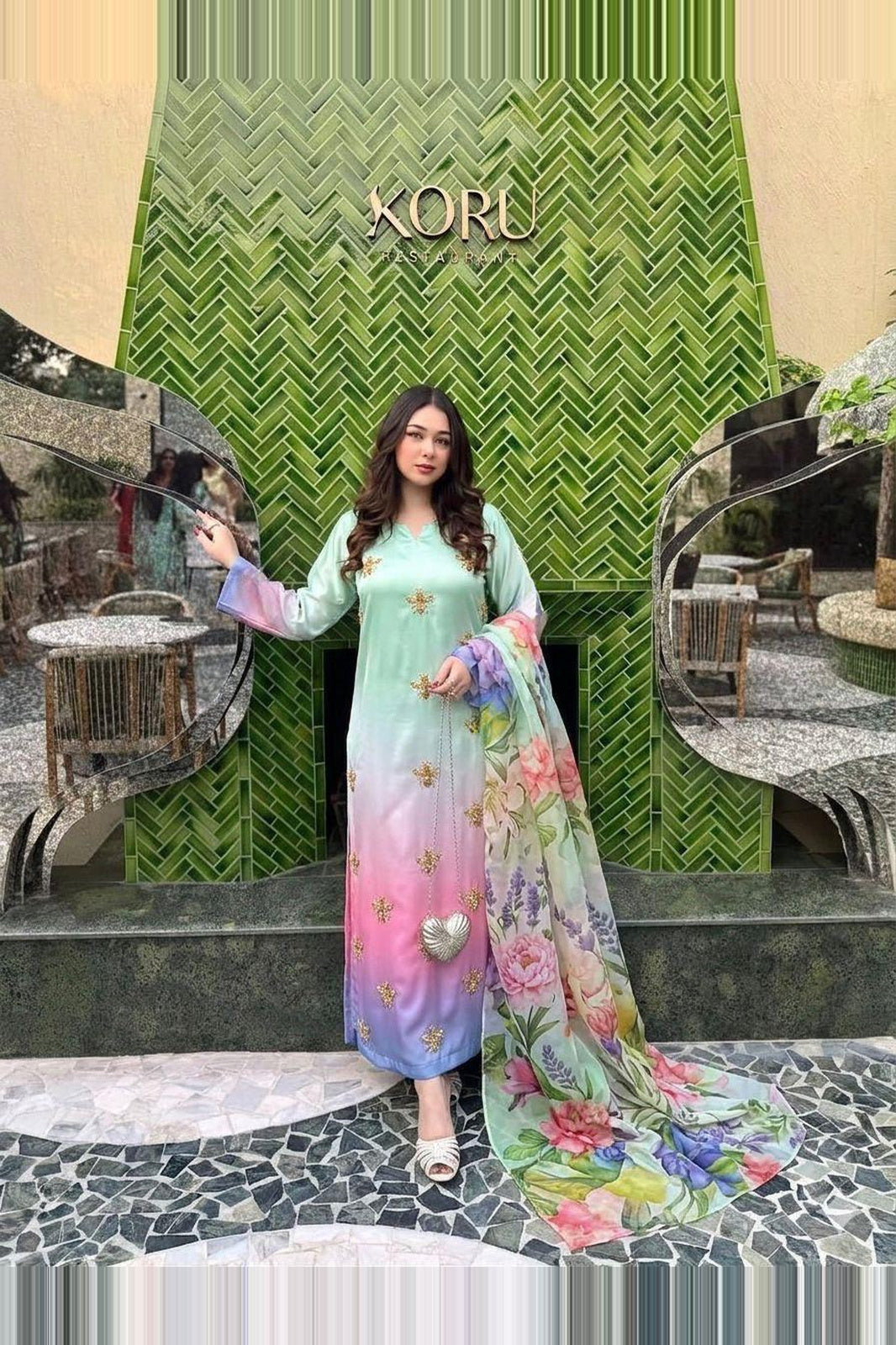 Falak – Mint Rose Shamoze Silk Suit